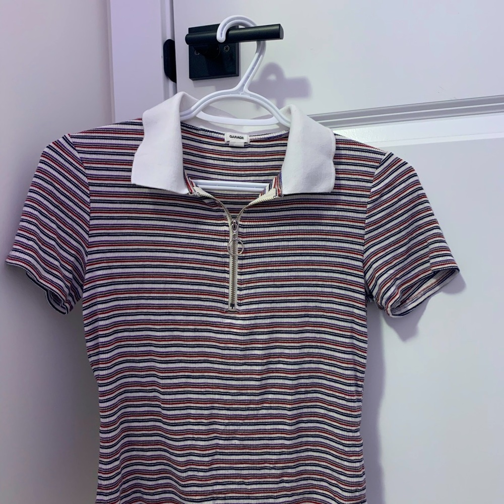Garage Striped Crop Half Zip Up Tee With Collar
